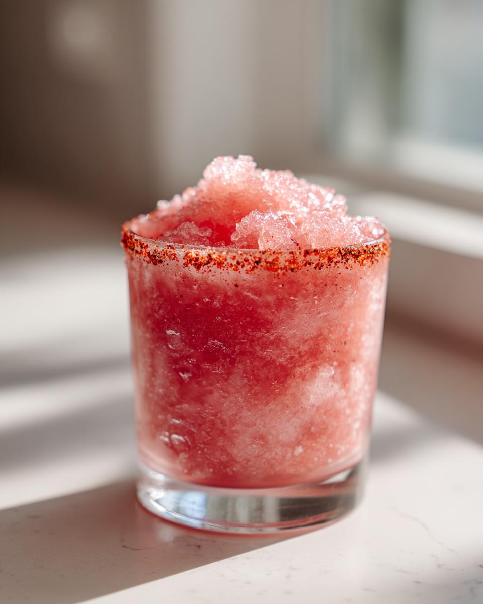 Close-up of a vibrant red frozen firecracker rosé slushie with a chili-rimmed glass, sitting in sunlight.