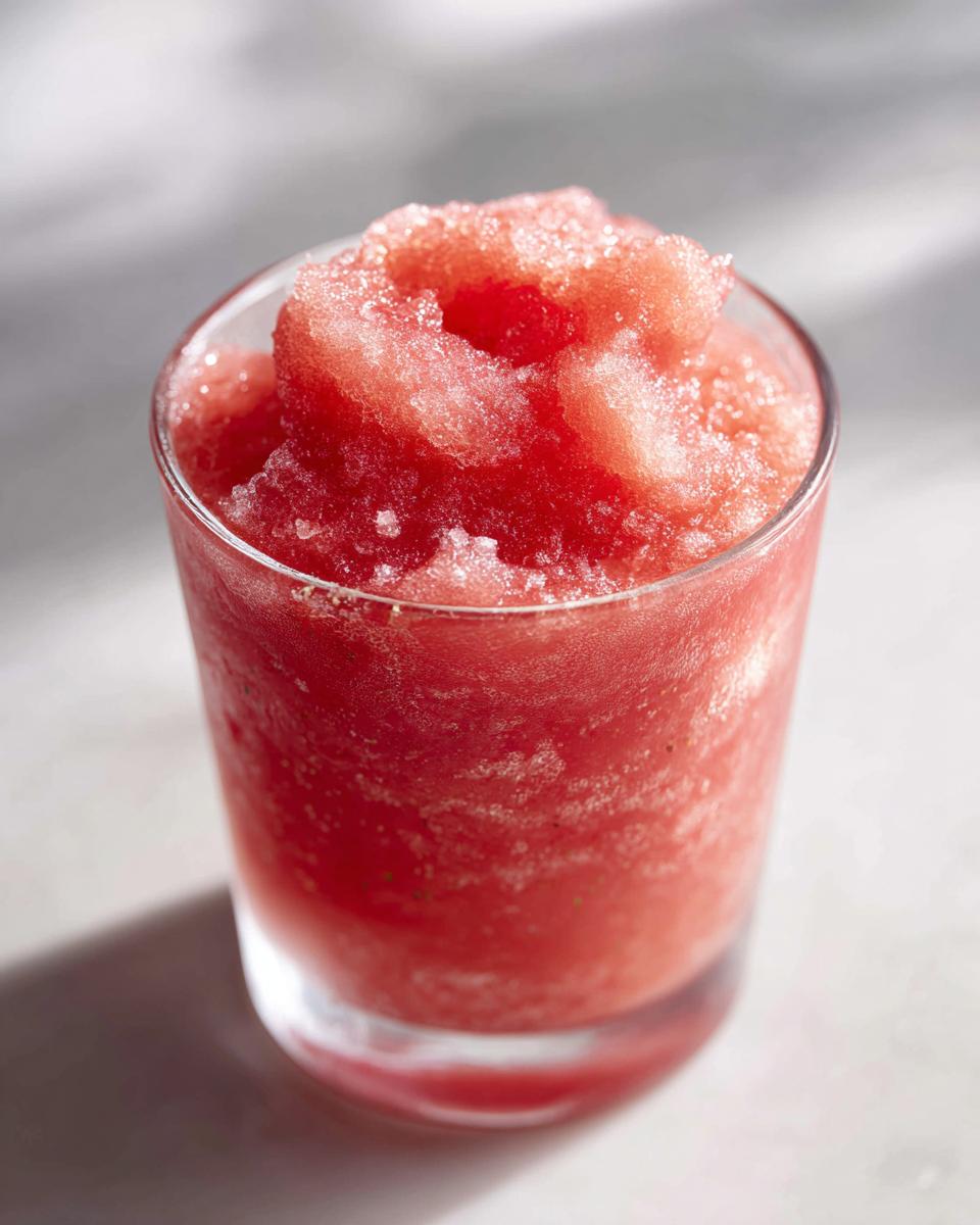 Close-up of a bright red frozen firecracker rosé slushie mounded high in a clear glass.