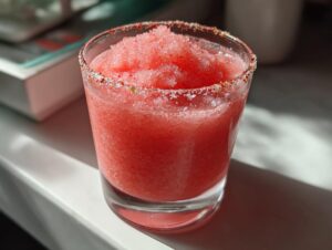 Close-up of a bright pink frozen firecracker rosé slushie with a spiced sugar rim in a short glass.