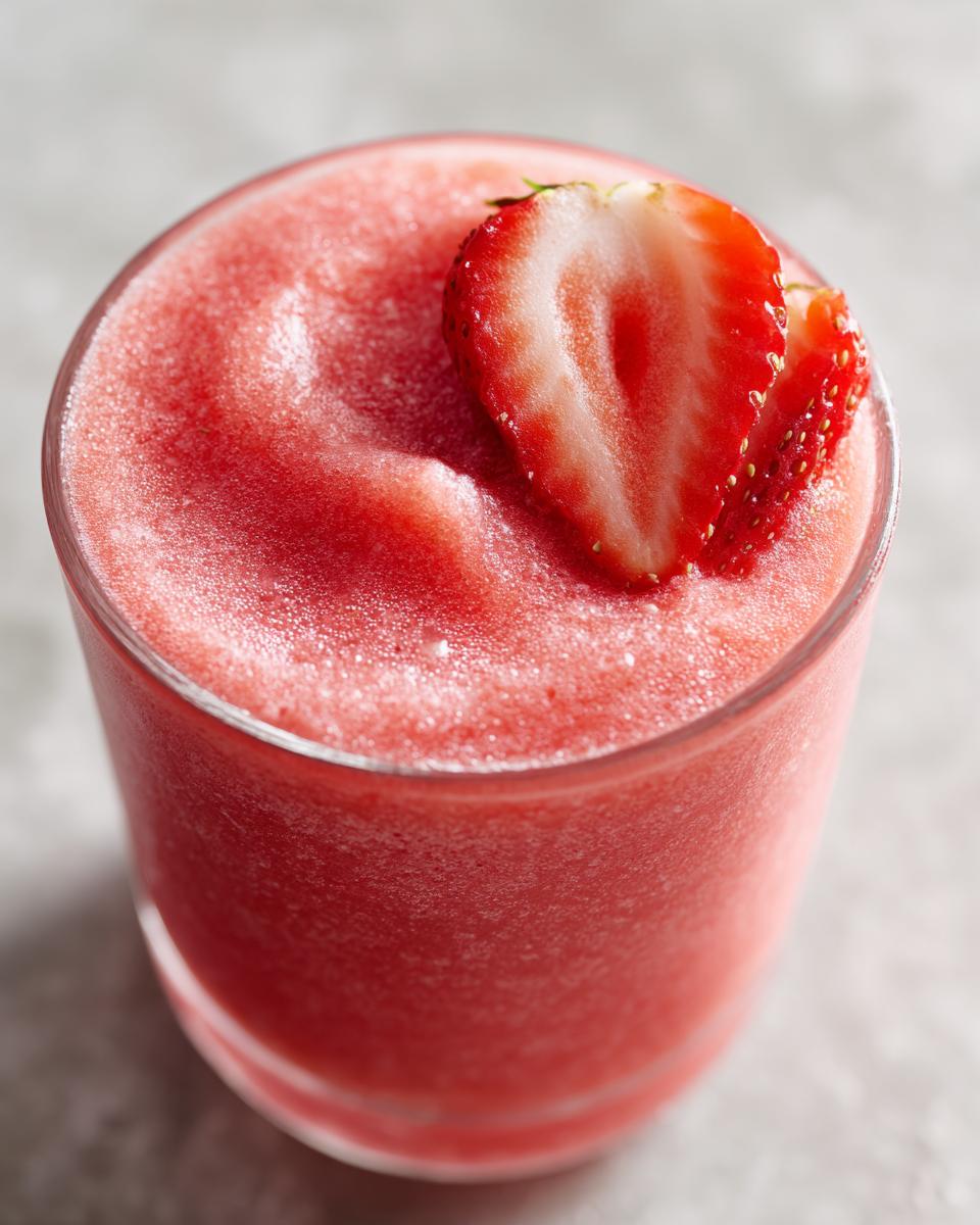 Close-up of a vibrant, frozen strawberry daiquiri topped with a fresh strawberry slice.