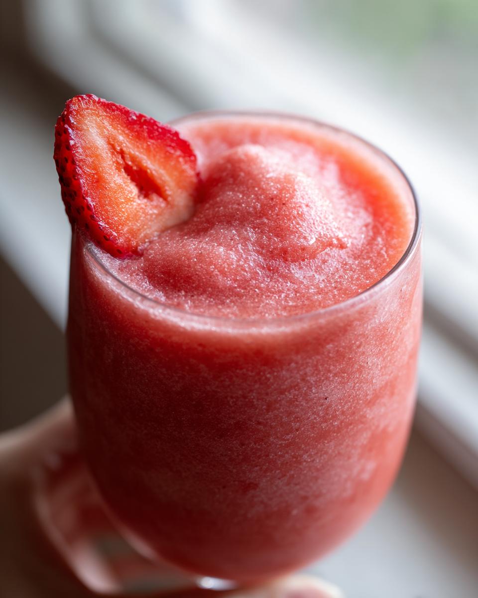 Close-up of a frosty, bright red strawberry daiquiri garnished with a fresh strawberry slice.
