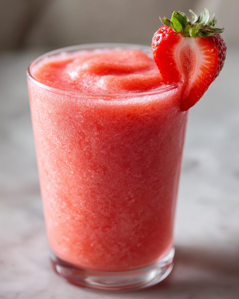 Close-up of a vibrant, icy strawberry daiquiri garnished with a fresh, halved strawberry.