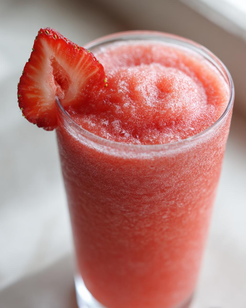 Close-up of a frosty, bright red strawberry daiquiri garnished with a fresh strawberry slice.