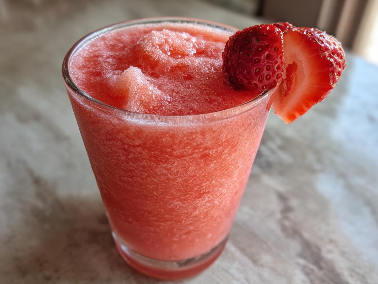 Close-up of a blended, frozen strawberry daiquiri garnished with a fresh strawberry slice.