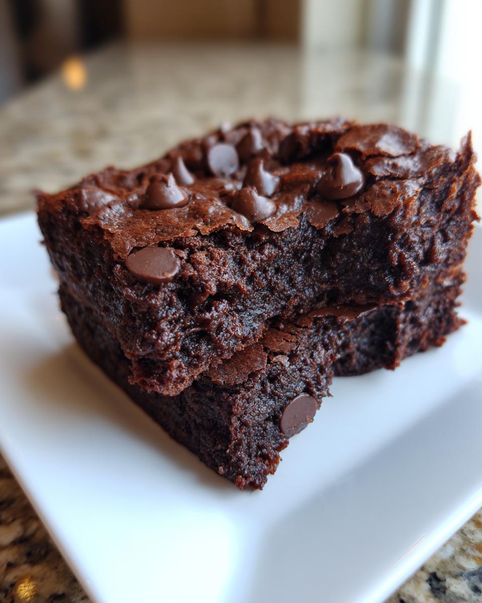 Close-up of two stacked, fudgy black bean brownies topped with melted chocolate chips on a white plate.