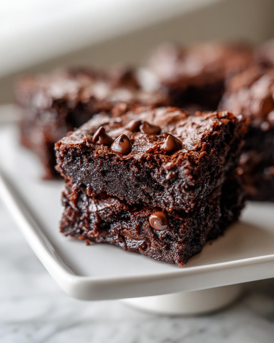 Close-up of two fudgy black bean brownies stacked on a white platter, topped with chocolate chips.