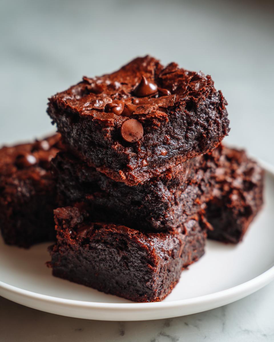 A stack of rich, fudgy black bean brownies topped with melted chocolate chips on a white plate.