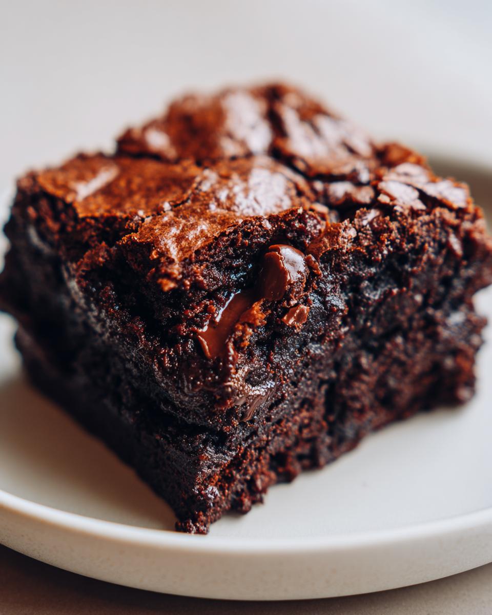 Close-up of a fudgy, dark chocolate zucchini brownies square with melted chocolate chips on a light plate.
