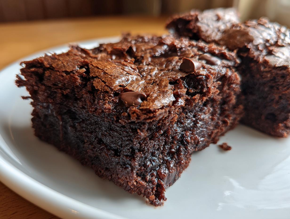 Close-up of a rich, fudgy zucchini brownies square showing a shiny, cracked top and moist interior.