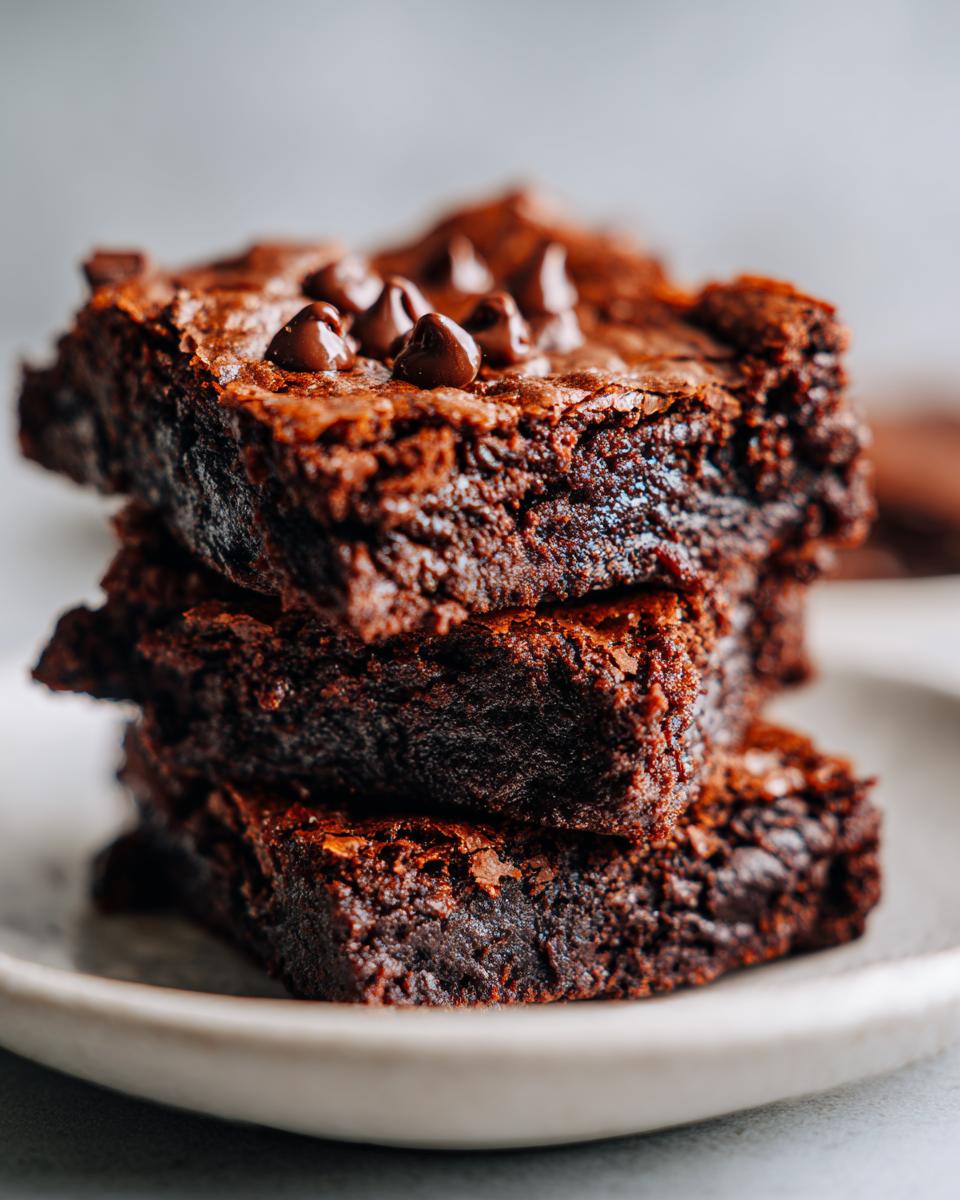 A stack of three rich, fudgy zucchini brownies topped with semi-sweet chocolate chips on a light plate.