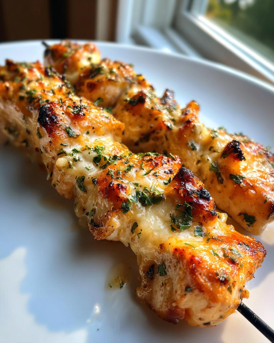 Close-up of two grilled garlic parmesan chicken skewers topped with melted cheese and fresh parsley.