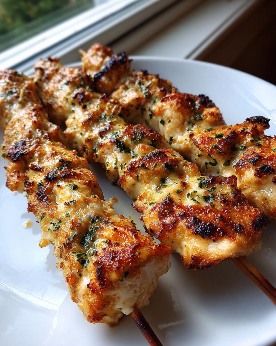 Three perfectly grilled garlic parmesan chicken skewers resting on a white plate, showing a golden-brown, cheesy crust.