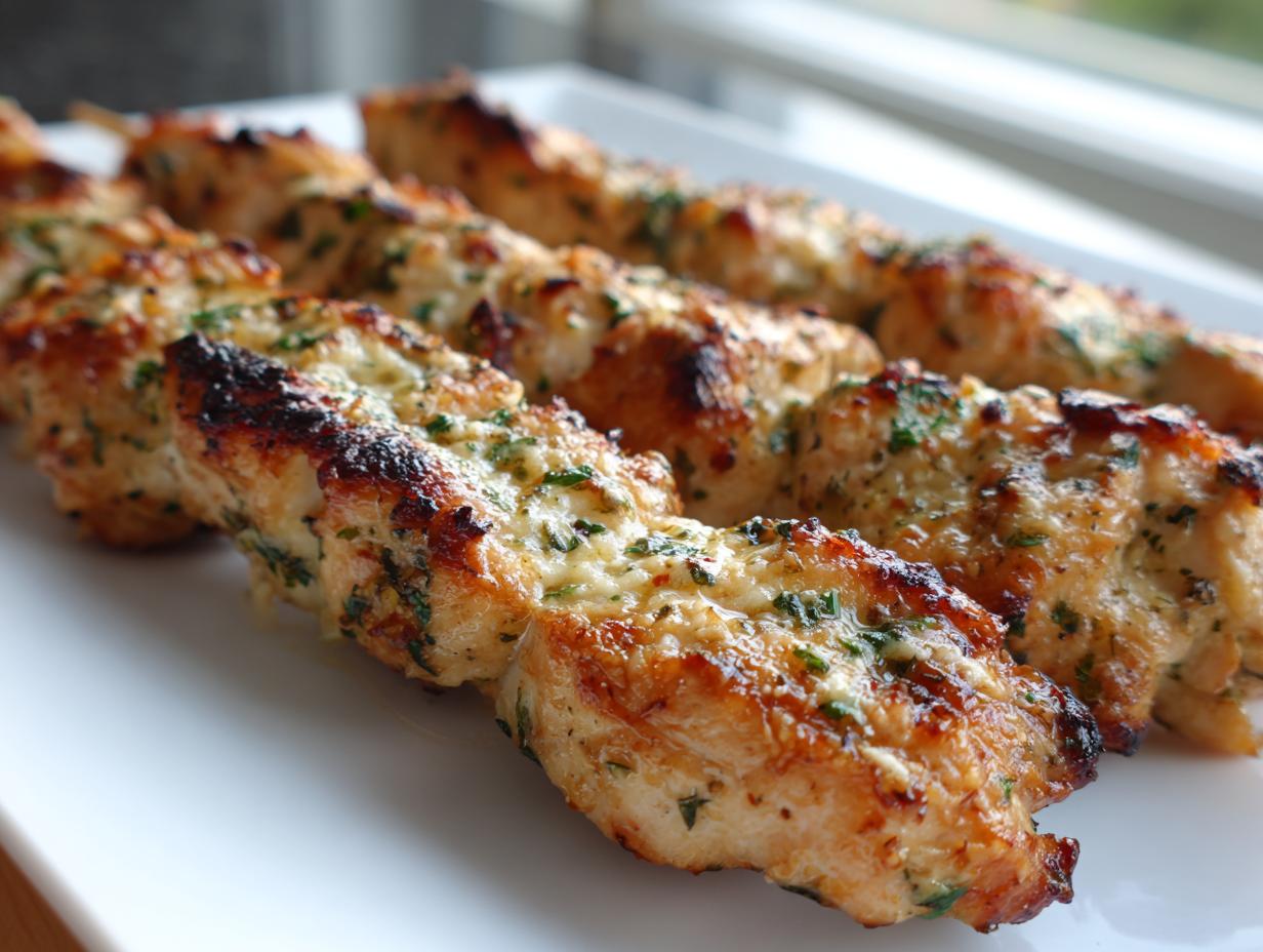 Close-up of perfectly grilled garlic parmesan chicken skewers, glistening with melted cheese and herbs, served on a white platter.