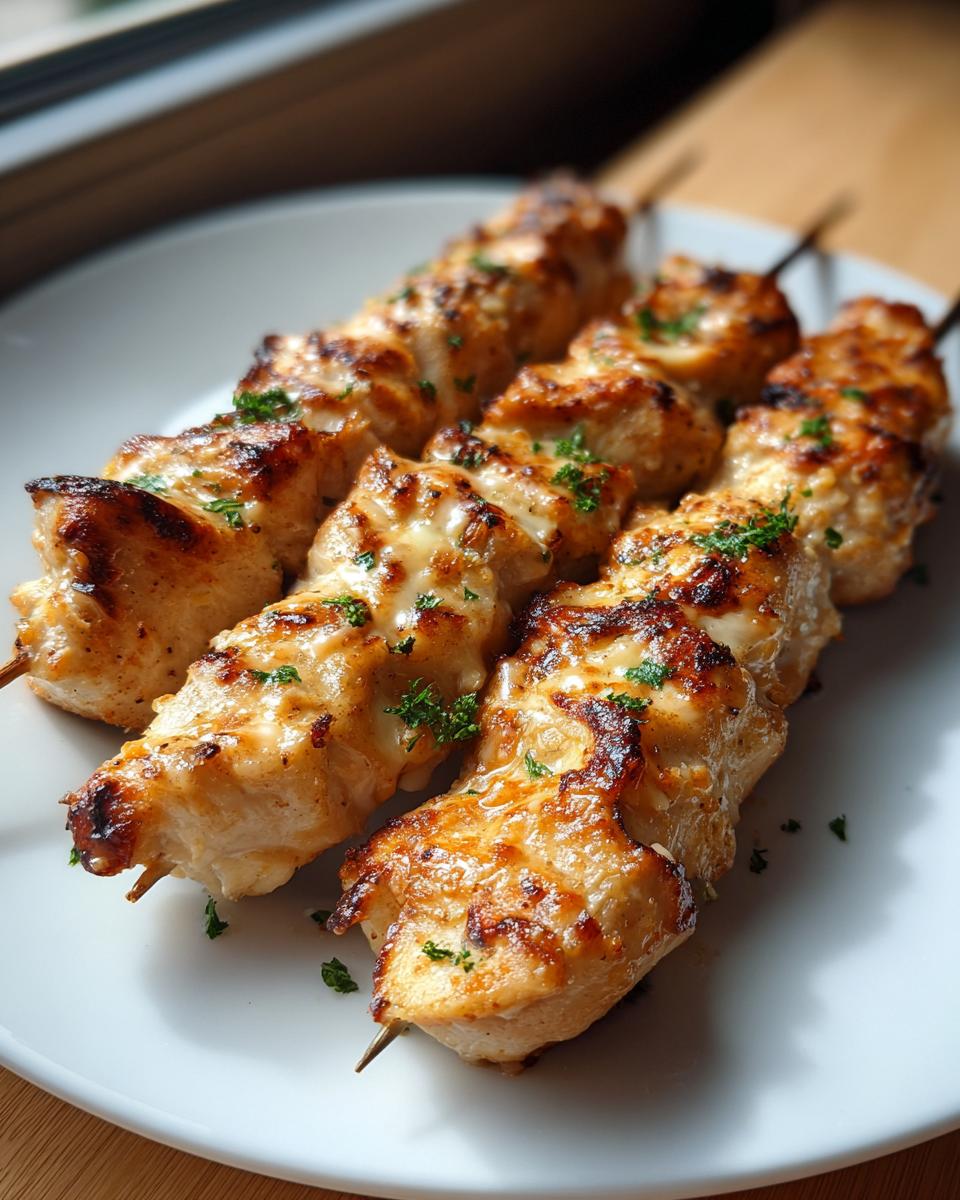 Close-up of three perfectly grilled garlic parmesan chicken skewers served on a white plate, topped with melted cheese and parsley.