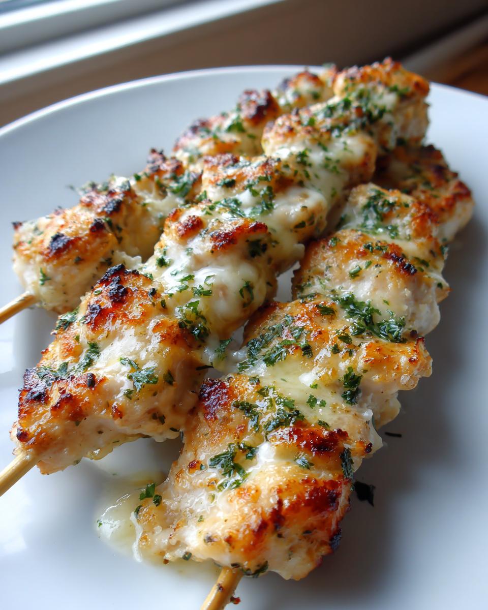 Close-up of grilled garlic parmesan chicken skewers topped with melted cheese and fresh parsley.