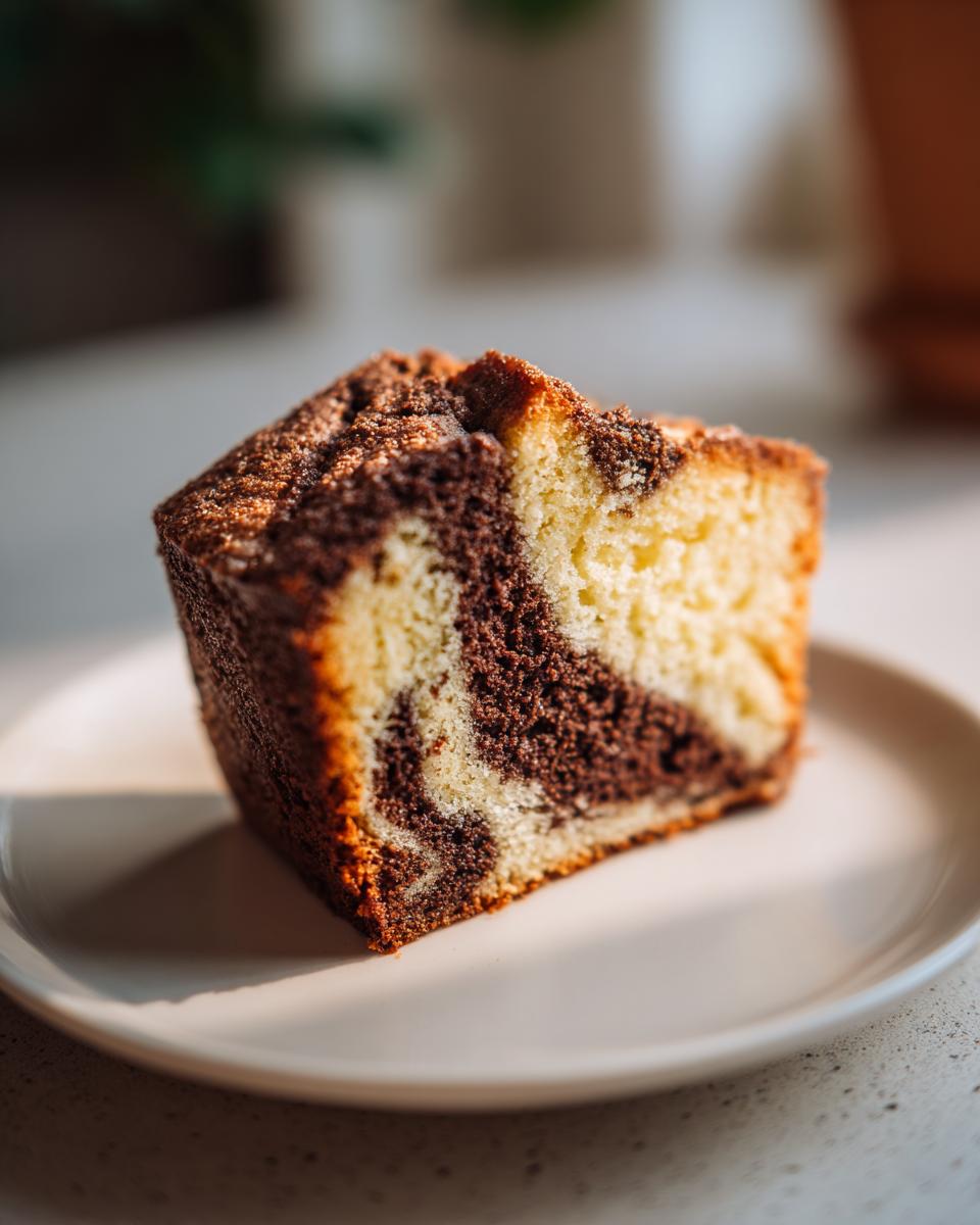 Close-up of a single slice of german marble cake showing beautiful vanilla and chocolate swirls on a white plate.
