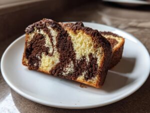Two thick slices of moist german marble cake showing distinct vanilla and chocolate swirls on a white plate.