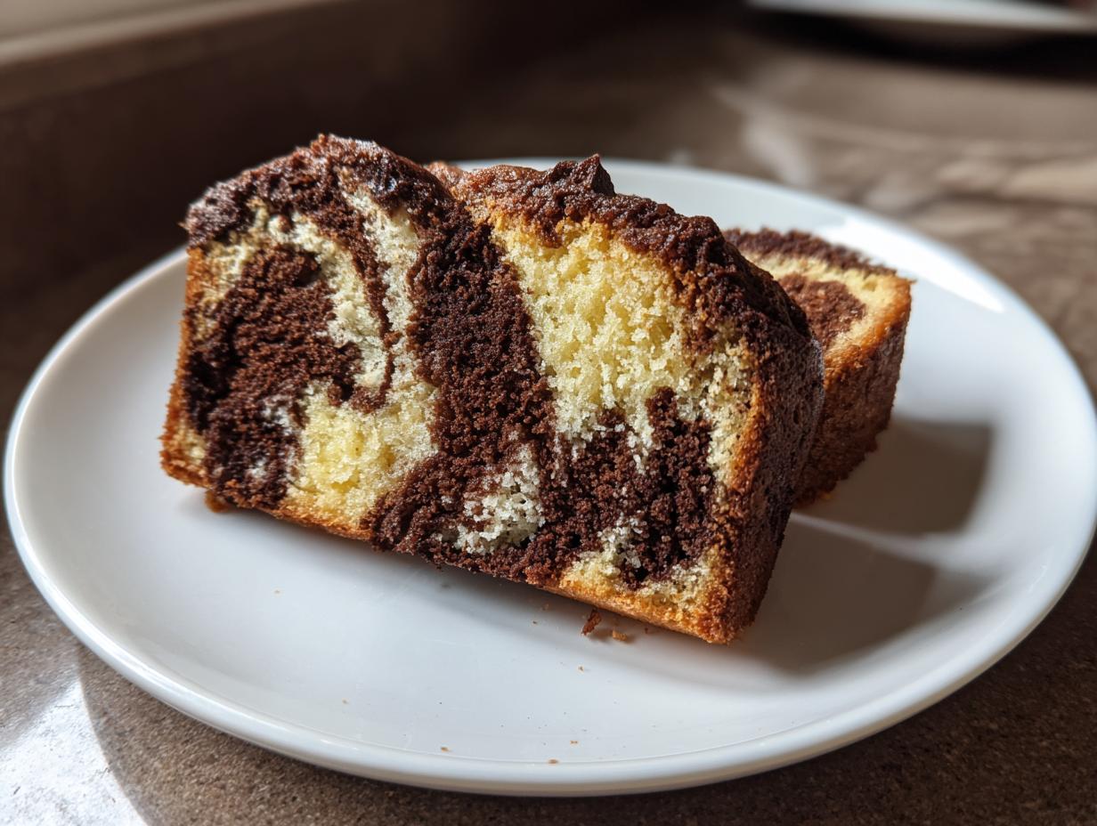 Two thick slices of moist german marble cake showing distinct vanilla and chocolate swirls on a white plate.