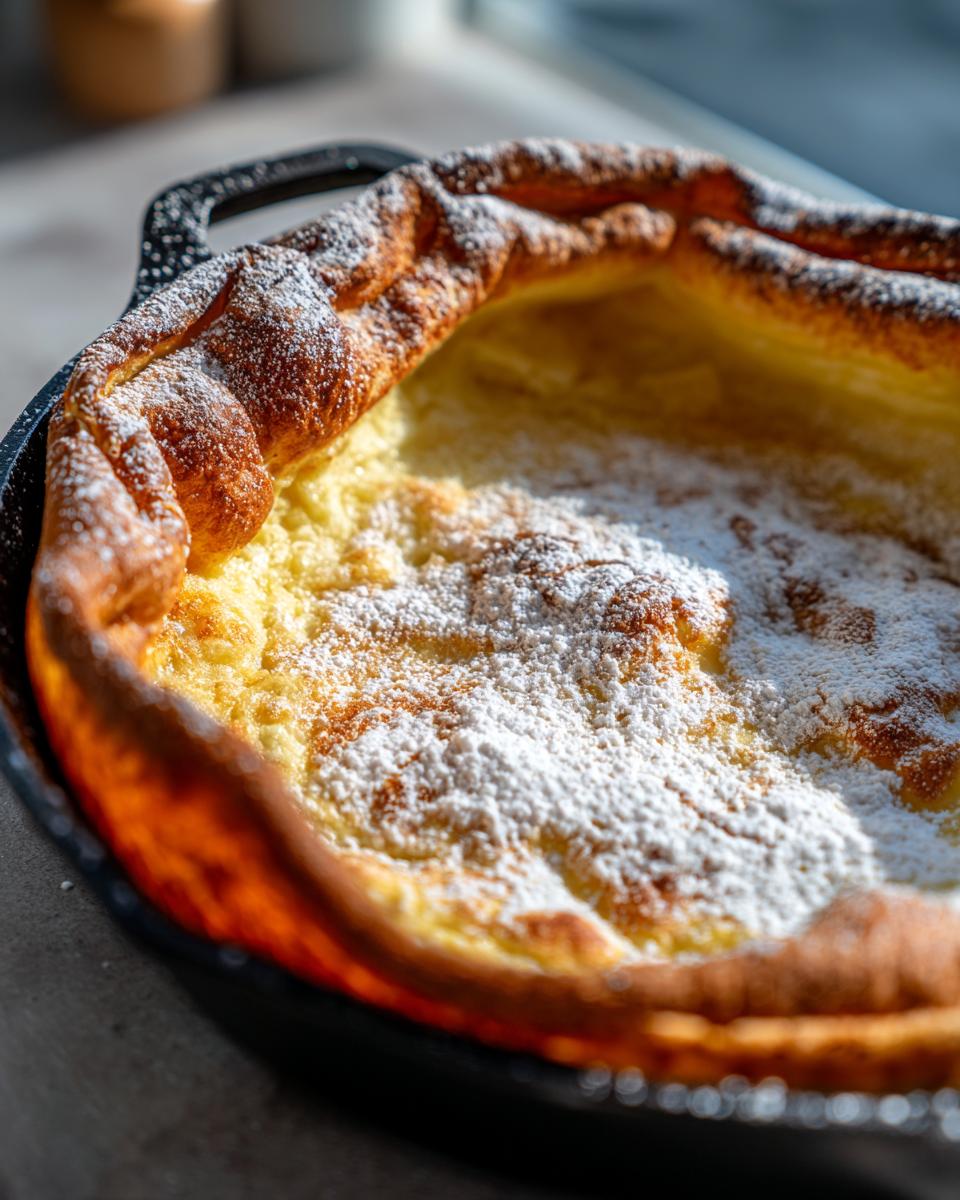 Close-up of puffy, golden German pancakes dusted heavily with powdered sugar, baked in a black cast iron skillet.