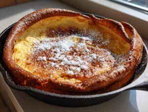 A golden brown, puffed-up German pancakes dusted with powdered sugar, baked in a cast iron skillet.