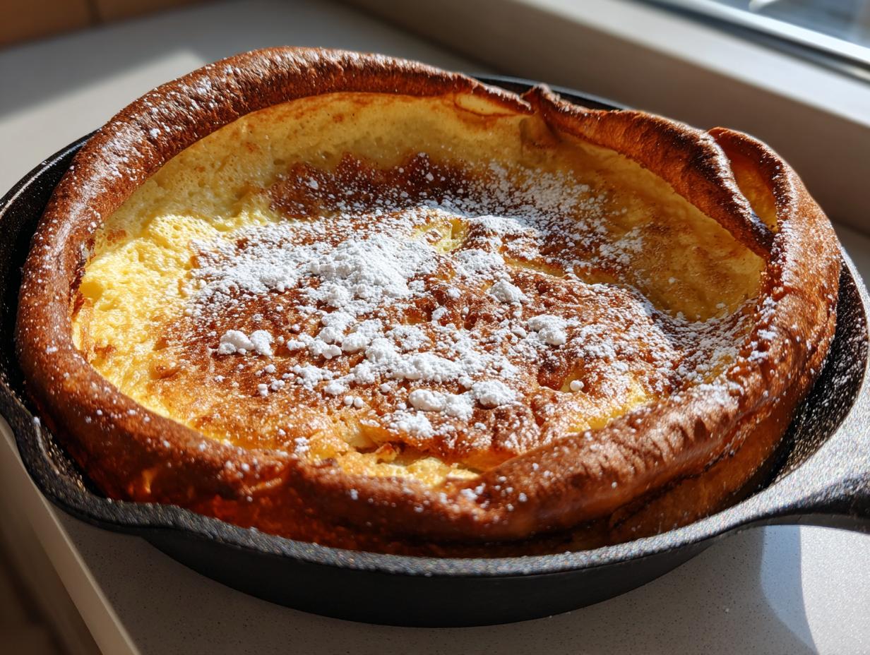 A golden brown, puffed-up German pancakes dusted with powdered sugar, baked in a cast iron skillet.