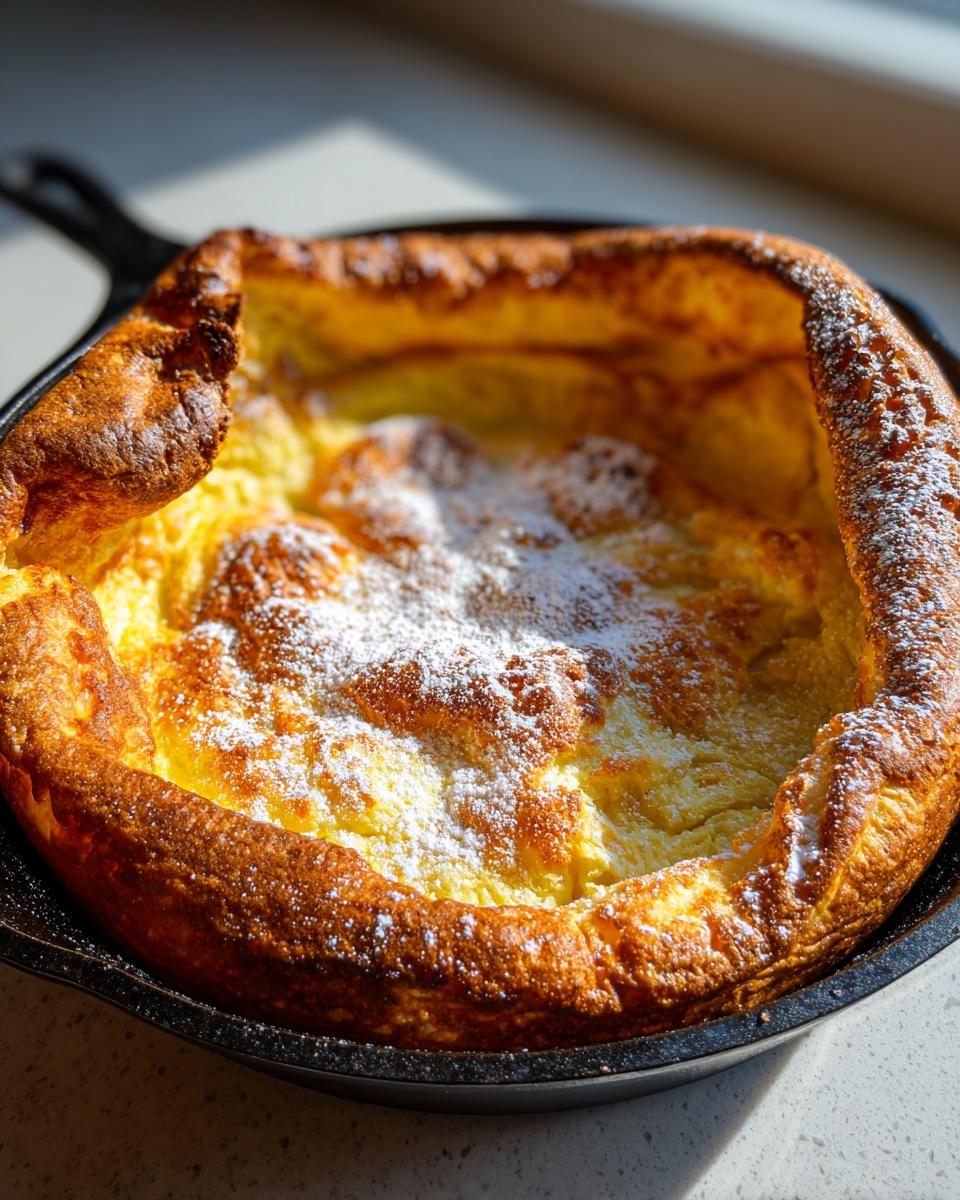 A golden brown, puffed-up German pancakes dusted with powdered sugar, fresh from the oven in a black cast iron skillet.