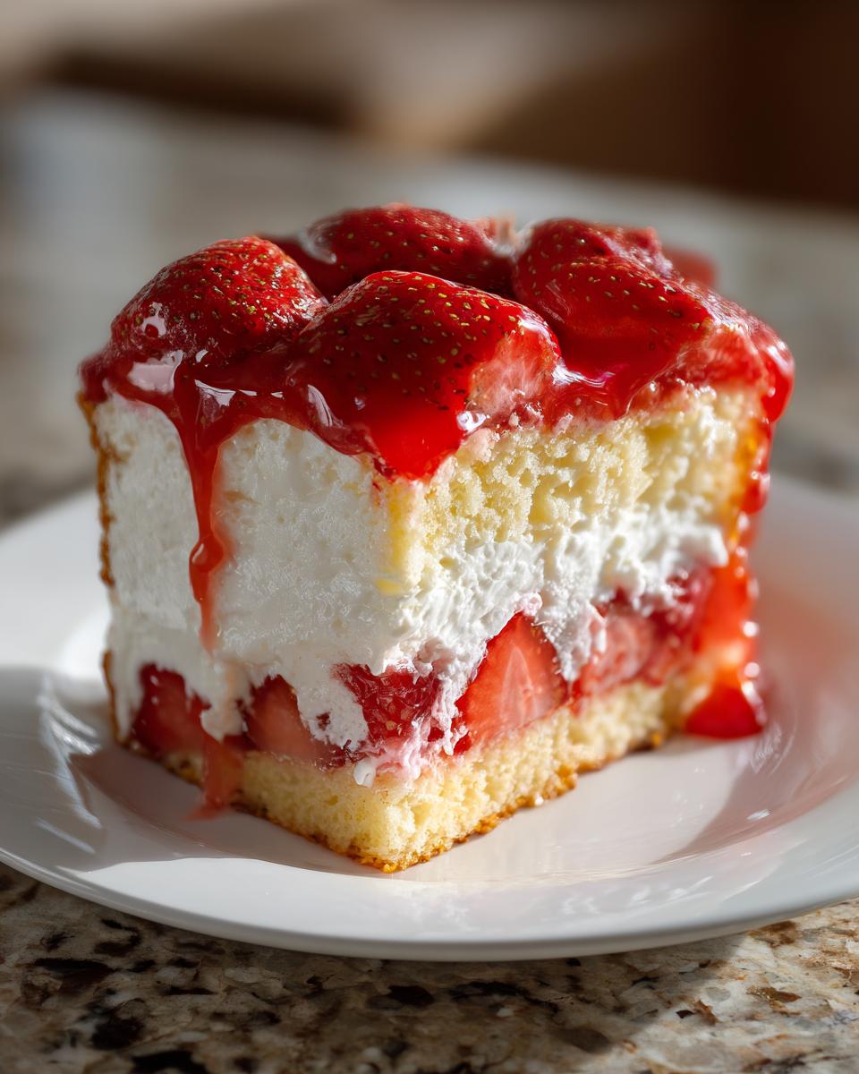 Close-up of a moist slice of german strawberry cake layered with cream and topped with fresh strawberries and glaze.