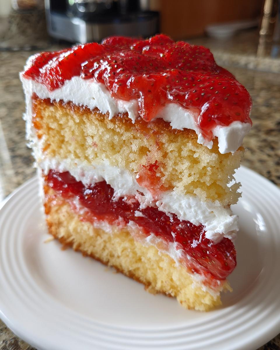 A tall, moist slice of german strawberry cake featuring layers of yellow cake, whipped cream, and strawberry filling.