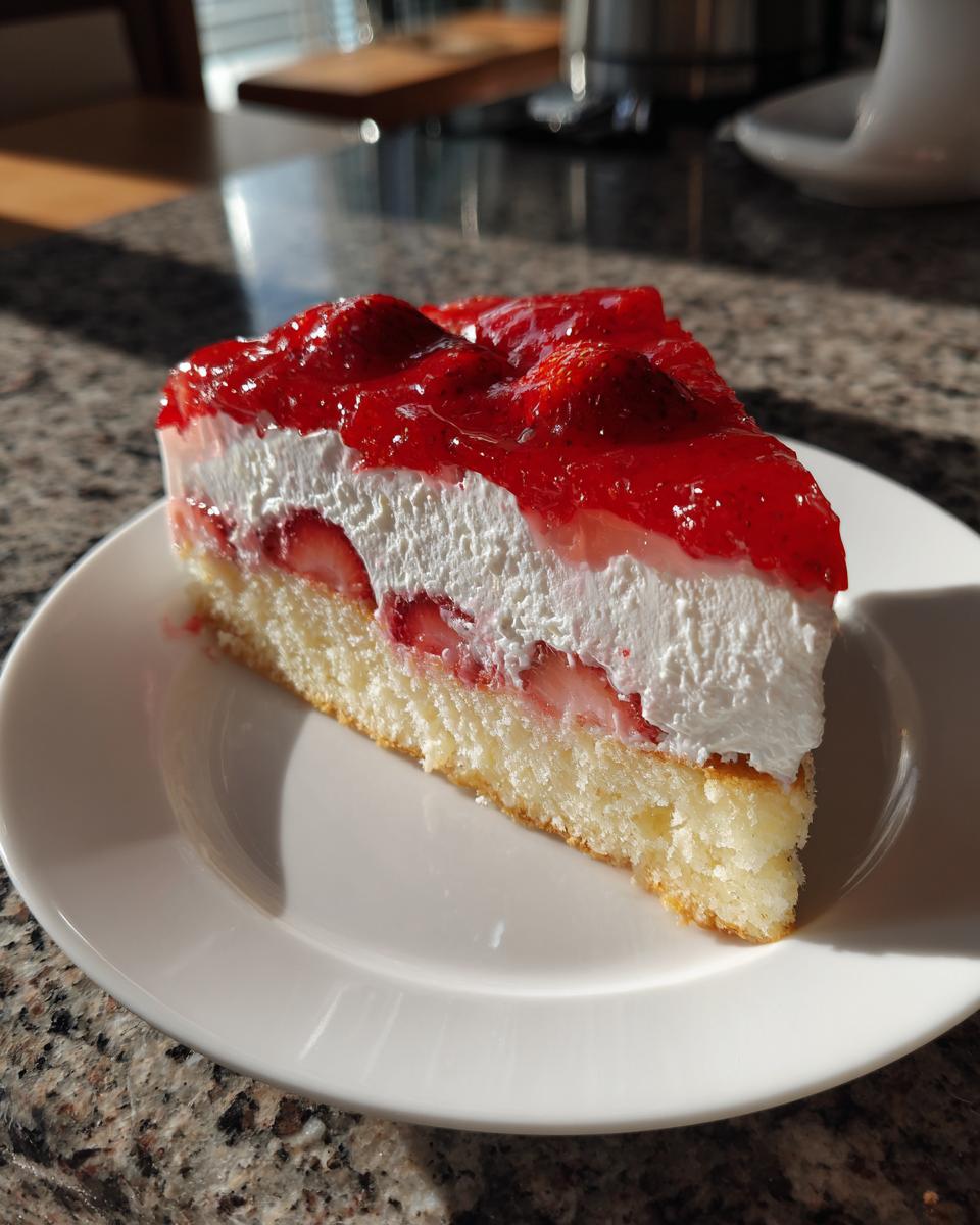 A close-up slice of German strawberry cake featuring sponge base, cream, and glossy strawberry topping.