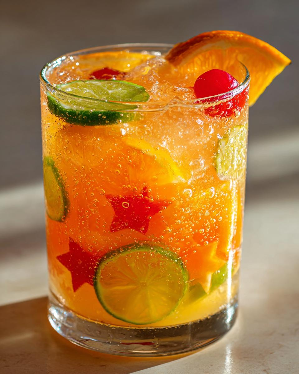 Close-up of a glass filled with bubbly tropical fruit punch, garnished with lime slices, orange wedges, and star-shaped fruit pieces.