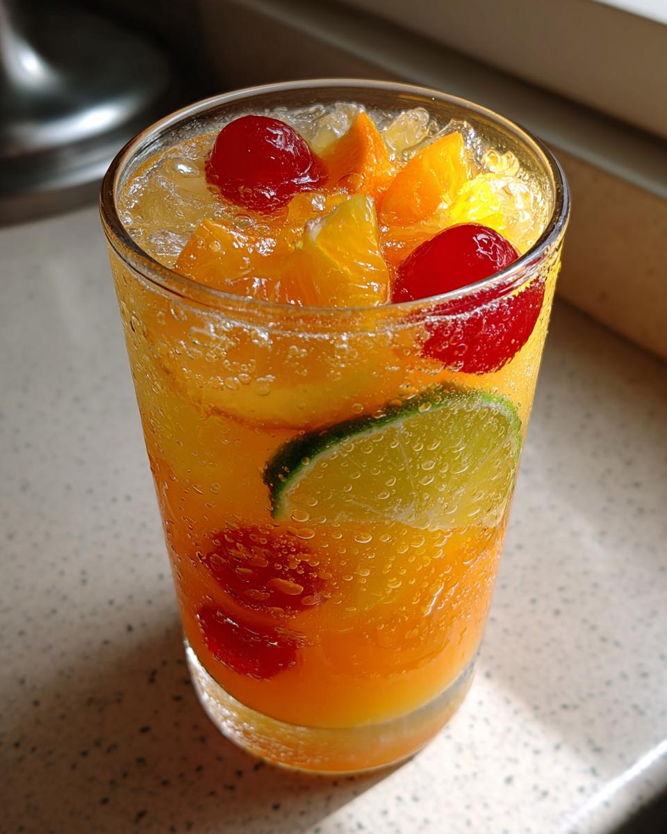 Close-up of a tall glass filled with bubbly tropical fruit punch, garnished with orange slices, lime, and maraschino cherries.