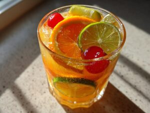 Close-up of a chilled glass filled with bright orange tropical fruit punch, garnished with orange slices, lime wheels, and maraschino cherries.