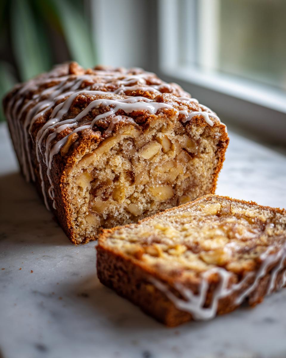 A freshly baked apple fritter bread loaf, drizzled with white icing, with one thick slice cut and resting beside it.