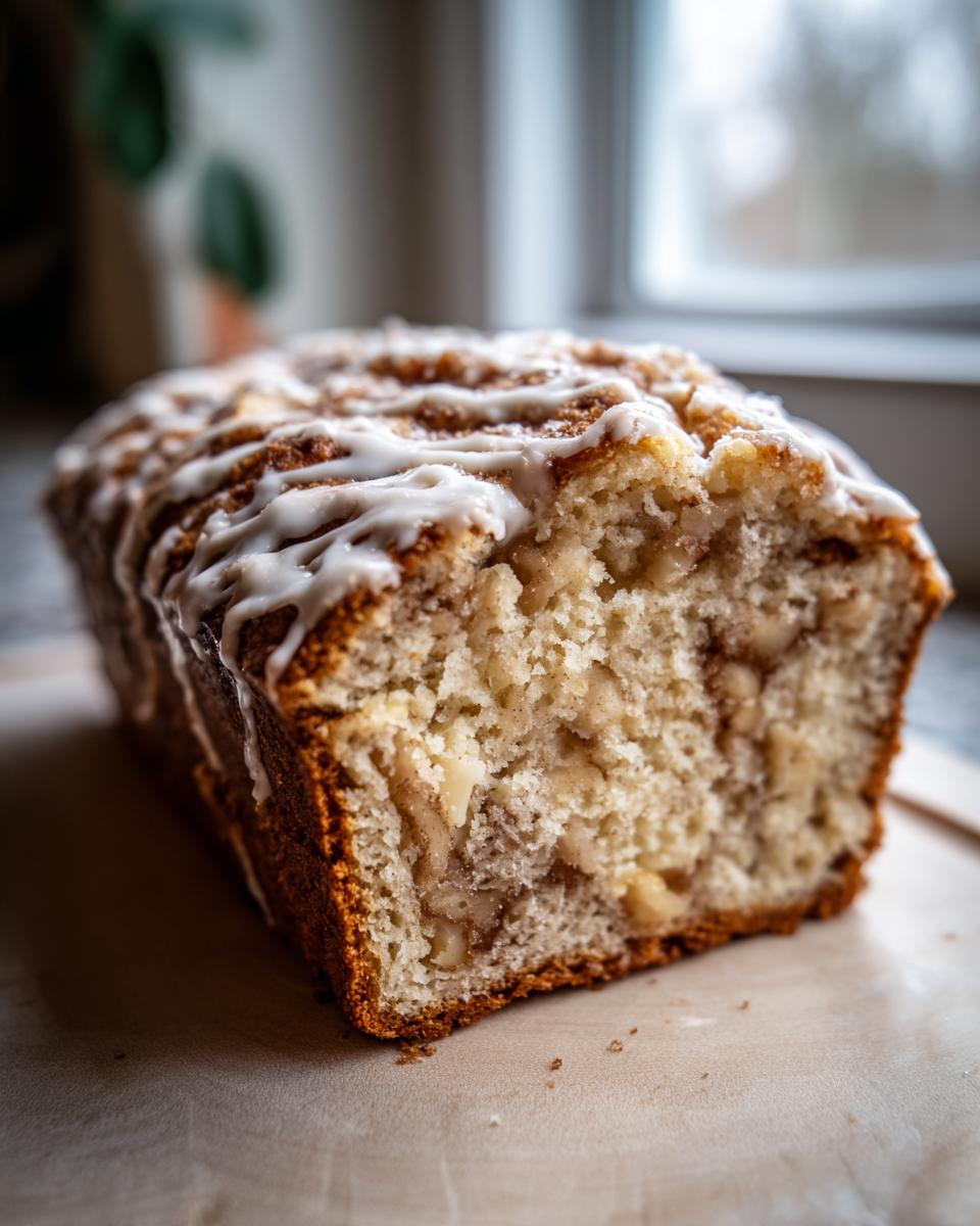 A close-up, cross-section view of a freshly baked apple fritter bread loaf with visible apples and nuts, drizzled with white icing.