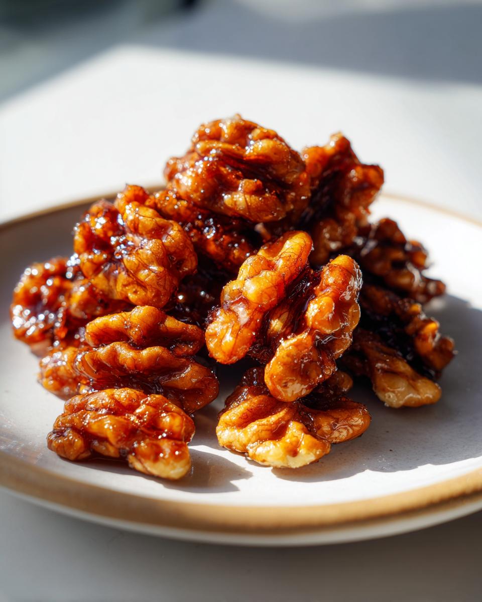 A close-up shot of shiny, glazed candied walnuts piled on a light-colored plate, catching the sunlight.