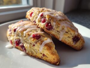 Two freshly baked cranberry orange scones drizzled with white glaze, resting on a white plate near a window.