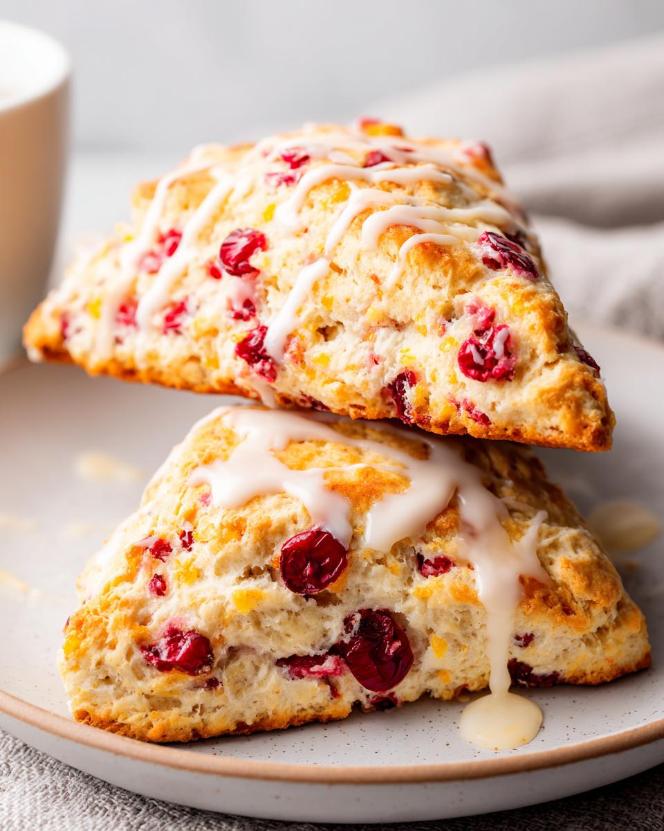 Two triangular cranberry orange scones, stacked and drizzled with white glaze, ready for brunch.