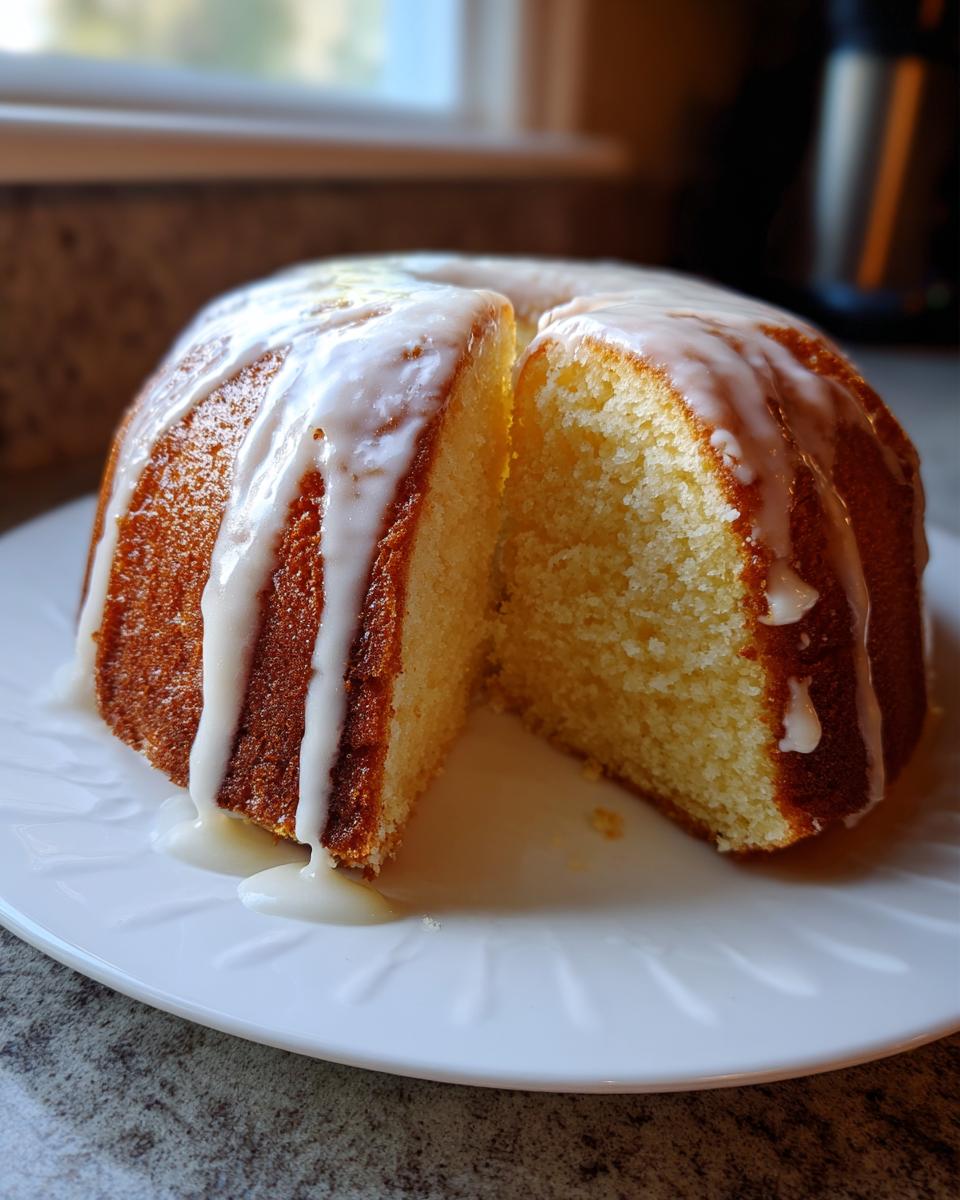 A golden baked cream cheese pound cake with a thick white glaze, featuring one slice cut out to show the dense interior.