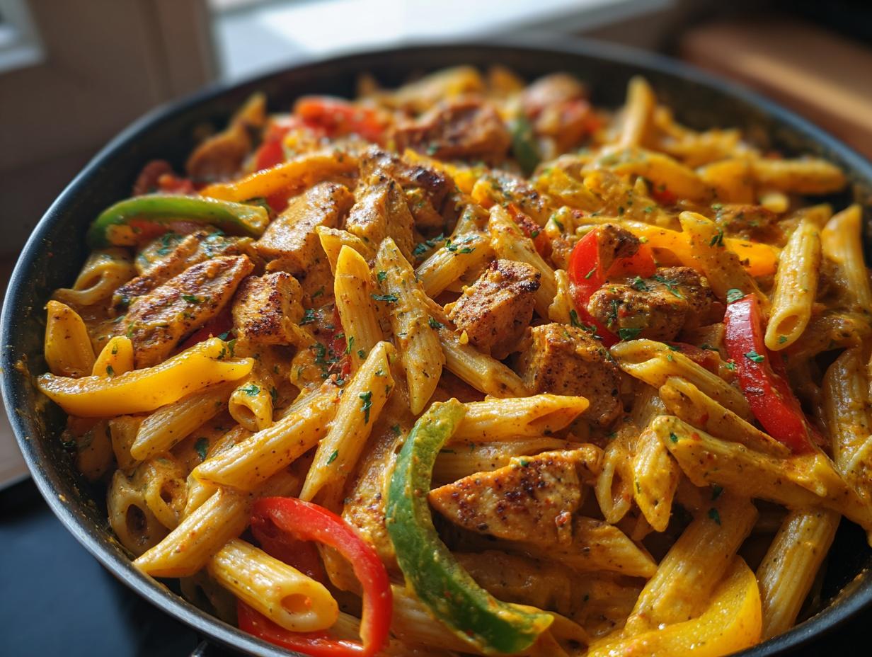 Close-up view of vibrant, creamy rasta pasta mixed with seasoned chicken pieces and colorful bell peppers in a black skillet.
