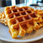 Close-up of golden brown, freshly made Belgian waffles stacked on a white plate, showing deep pockets.