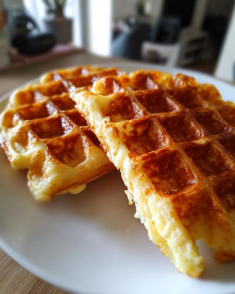 Close-up of two golden brown, freshly made best Belgian waffles stacked slightly on a white plate.