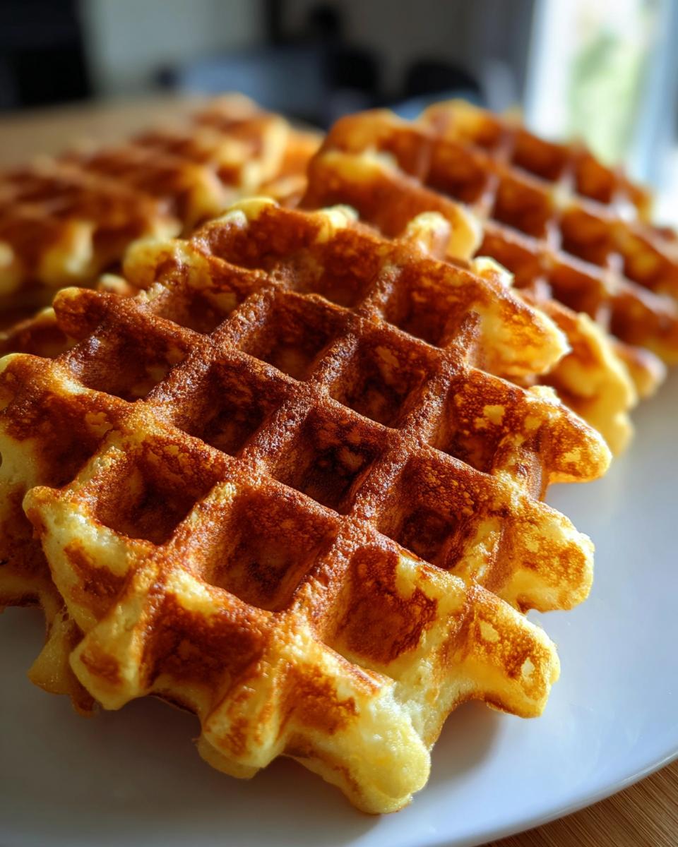 Close-up of several golden brown, perfectly cooked best belgian waffles stacked slightly on a white plate.