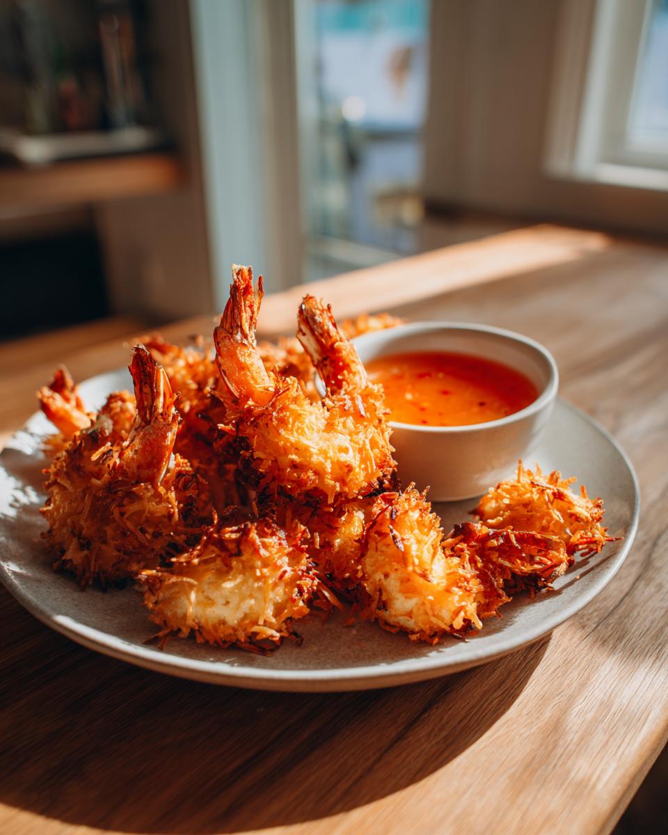 A plate of crispy, golden baked coconut shrimp served with a small bowl of sweet chili dipping sauce.