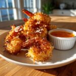 A plate of crispy, golden brown coconut shrimp served with a side of orange dipping sauce.