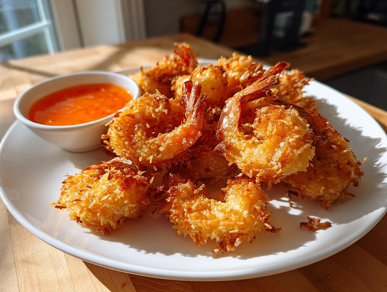 A plate piled high with crispy, golden brown coconut shrimp served with a small bowl of orange dipping sauce.