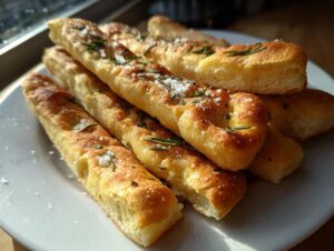 A pile of golden focaccia breadsticks seasoned with fresh rosemary and coarse sea salt, sitting on a white plate.