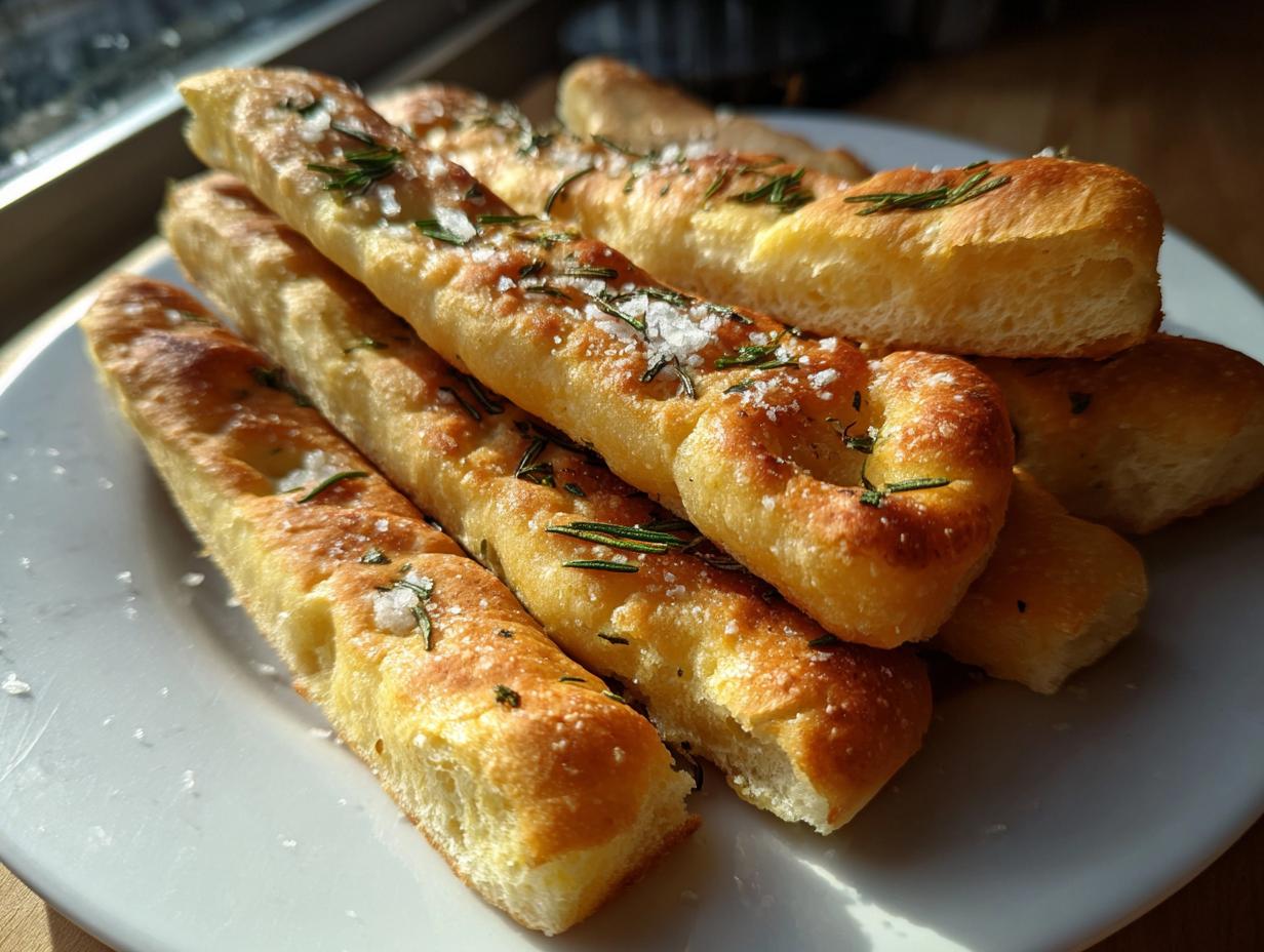 A pile of golden focaccia breadsticks seasoned with fresh rosemary and coarse sea salt, sitting on a white plate.