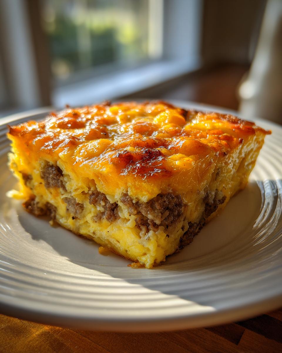 A square slice of golden brown hash brown egg casserole layered with sausage and topped with melted cheese.