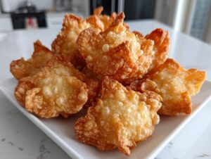 A pile of perfectly fried, golden brown homemade crab rangoons served on a square white dish.