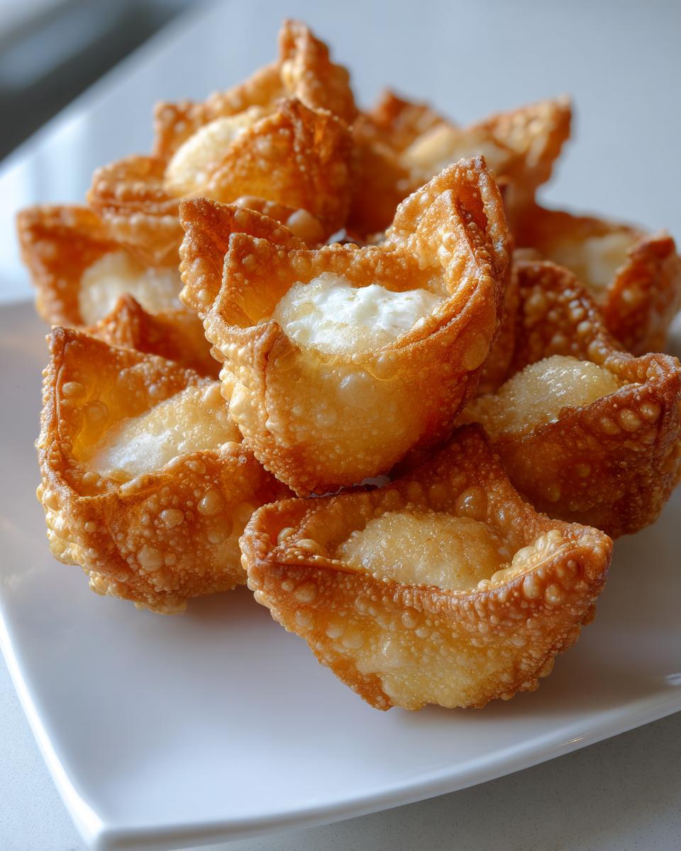 Close-up of a pile of perfectly golden, crispy homemade crab rangoons with creamy filling.